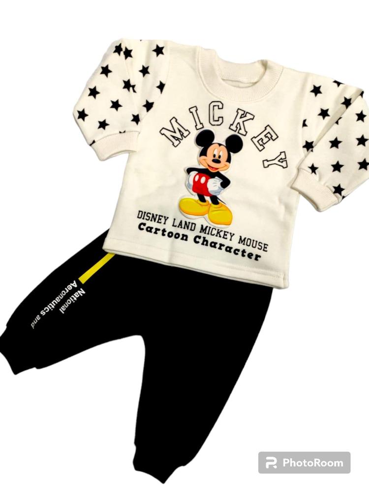 2 Pcs Baby Boy's Stitched Fleece Printed T-Shirt And Trouser Set