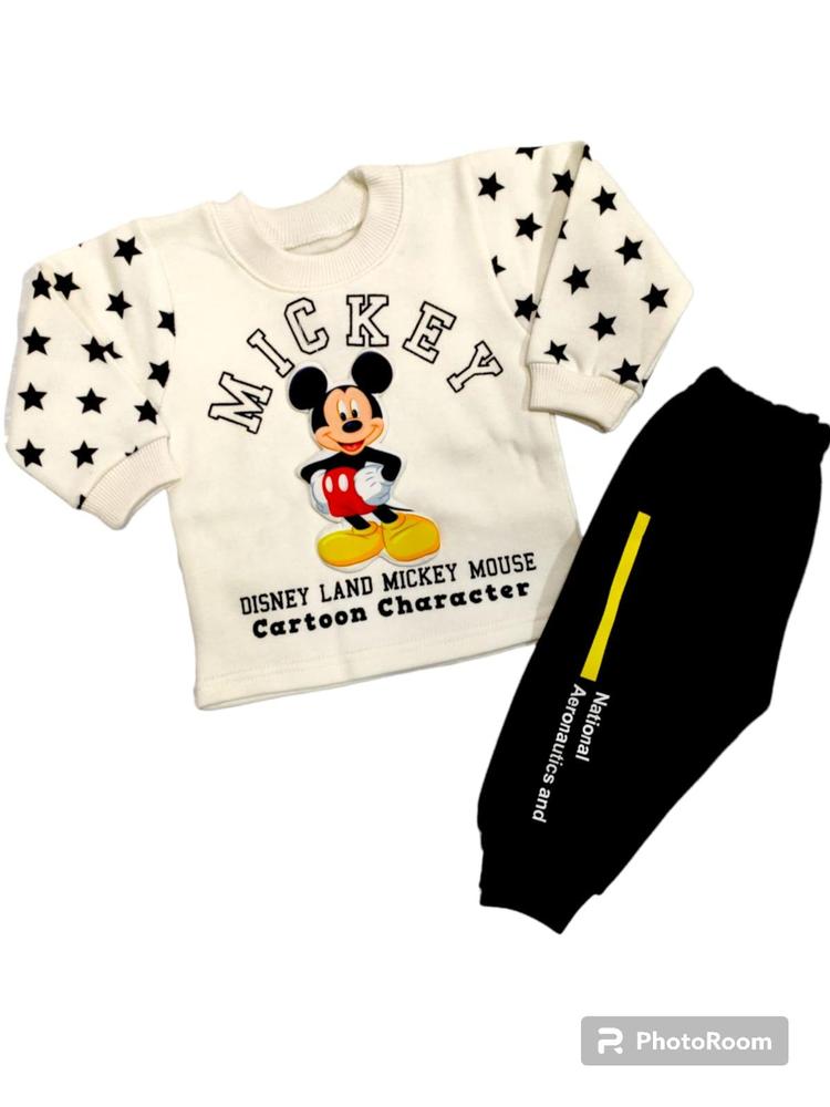 2 Pcs Baby Boy's Stitched Fleece Printed T-Shirt And Trouser Set