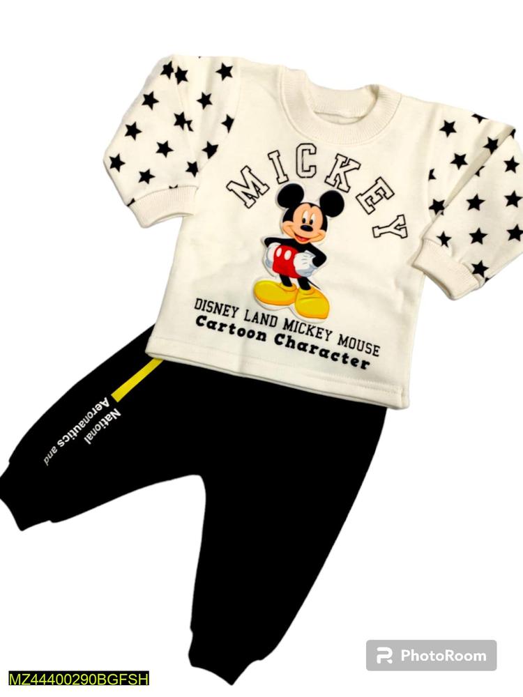 2 Pcs Baby Boy's Stitched Fleece Printed T-Shirt And Trouser Set